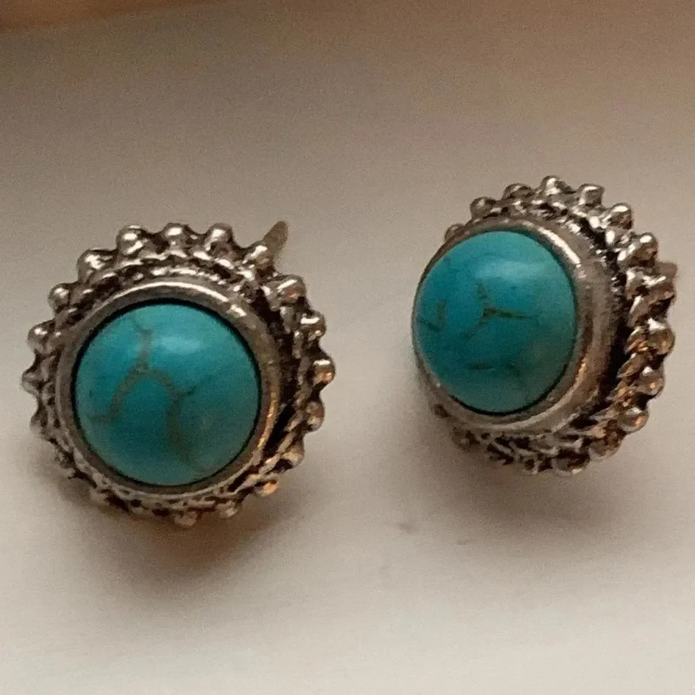 Men’s Western Turquoise Stud Earrings Southwest Indian Style Boho Ethnic Tribal